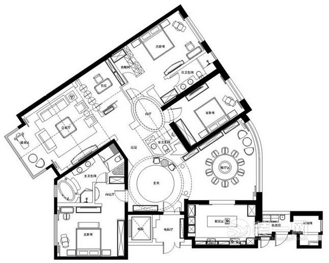武汉装修网新古典别墅设计 不规则户型空间超