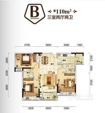 武汉水墨江郡B户型三室两厅户型图