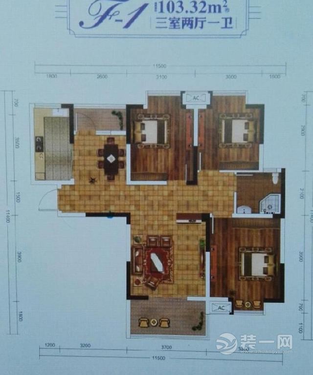 103平米三室两厅户型图